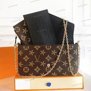 3-teilige POCHETTE FeLICIE-Tasche aus echtem Leder für Damen und Herren, Großhandel, CrossBody-Einkaufstasche, Clutch-Umhängetasche, luxuriöse Geldbörse und Handtasche, Designer-Umschlag-Goldkettentasche