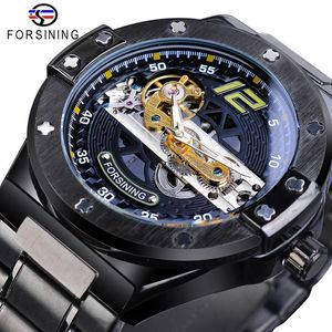 Forsining Classic Bridge Relógio Mecânico Masculino Preto Automático Transparente Engrenagem Banda de Aço Completa Corrida Masculino Relógios Esportivos Relogio330R