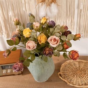 装飾的な花秋の人工花シルクローズロングペーニー植物ブライダルブーケウェディングテーブル偽のパーティー花瓶カントリーアウトドアホーム装飾
