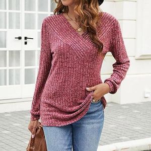 Women's T Shirts Autumn Womens Retro Ribbed Long Sleeve T-Shirt Lightweight V Neck Tunic Tops 2023 Trendy Fall Clothing Causal Loose Tees