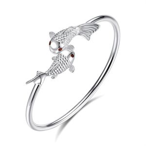 Partihandel av japansk och koreansk mode personlig 925 White Silver Women's Armband Set med Zircon Red Eye Double Fish Silver Armband