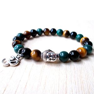 SN1136 Fashion Men's Natural Stone Armband Tiger Eye Buddha Ohm Charm Armband Yoga Mala Jewelry Whole281a