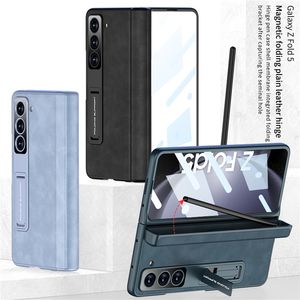 Capa de telefone luxuosa com dobradiça magnética de couro liso Vogue para Samsung Galaxy Z dobrável Fold5 5G suporte invisível membrana kickstand dobrável com suporte para slot S Pen