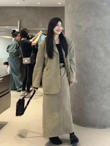 Платье из двух предметов в корейском стиле, женский костюм, комплект с юбкой, элитный ретро-модный офисный женский свободный комбинезон с подплечниками, куртка с разрезом, комплект из двух предметов