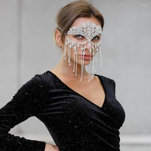 Hårklipp lyxiga smycken Full Rhinestone Tassel Mask Chain Decoration Face For Women Bridal Veil Crystal Metal Claw Christmas Party