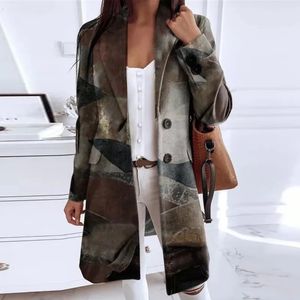 Women's Wool Blends Retro Marble Print Patchwork Blazer Coats Autumn Elegnat Singlebreasted Lapel Top Cardigan Winter Long Sleeve Women Suit Jacket 230928