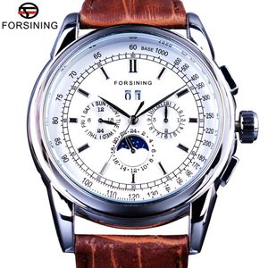 ForSining Moonphase Calender Display Brown Leather Shanghai Automatic Movement Mens Watches Top Brand Luxury Mechanical Watches2496
