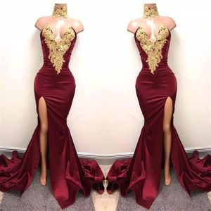2017 Nya sexiga afrikanska Bourgogne -klänningar Evening Wear Mermaid Gold Lace Appliced ​​Front Split 2K18 Elegant Formal Evening Party221o