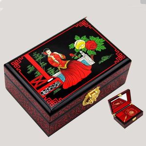 ジュエリーポーチ中国の手作りのクラシック木製ラッカー2レイヤー口紅花嫁箱