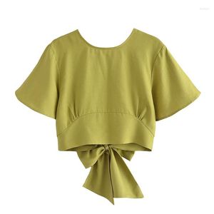 Blusas femininas 2023 roupas de verão com abertura traseira design em torno do pescoço camisa de manga curta arco decoração estilo curto topo