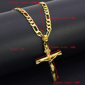 Real 24k amarelo sólido fino grande pingente 18ct tailandês baht g f ouro jesus cruz crucifixo charme 55 35mm figaro corrente colar320h