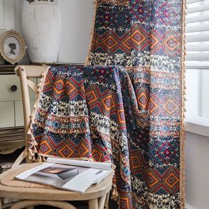 Curtain Bohemia Ethnic Style Yellow Square Printed Farmhouse Small Window Kitchen Bedroom Semi-shading Finished Curtains