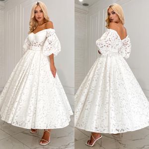 Elegant White Lace Prom Dresses A Line Off Shoulder Evening Dress Ankle Length Backless Half Sleeves Formal Long Special Ocn Party Dress