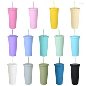 Tassen aus Kunststoff mit Strohhalmen, Macaron-Farben, Wasserbecher, 22 Unzen, solide, schlichte kurze Flaschenbecher