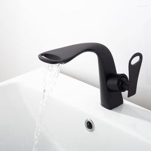 Bathroom Sink Faucets Copper Basin Faucet Black Paint And Cold Waterfall Washbasin Single Hole Mixing Valve