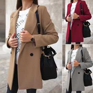 Women's Wool Blends 2023 Autumnwinter Long Sleeve Woolen Coat Solid Color Suit Collar Double Breasted 230928