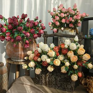 Flores decorativas flor artificial com borda queimada vintage plástico seda falso artesanal escritório florista jardim casamento decoração de casa