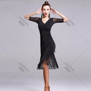 Stage Wear 2023 Ladies Latin Dance Dress Women Black Costumes Tassel Salsa V-Neck Rumba/Samba Perform Fitness Dancewear