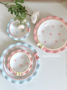 Płyty Ins Style Korean Girl Heart Różowe ceramiczne zastawa stołowa Polka kropka łuk Śliczny mały ryż miski głęboki