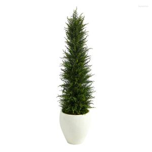 Árvore artificial de cipreste de flores decorativas em plantador branco resistente a UV (interno/externo)