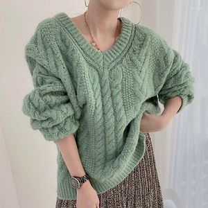 Maglioni da donna con scollo a V verde grigio maglieria 2023 carino maglioni coreani maglia spessa maglie larghe inverno caldo solido maglione autunno maglione