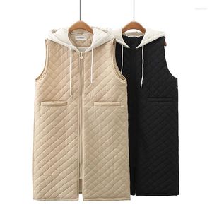 Women's Vests Contrast Hooded Sleeveless Jacket Medium Length Warm Zipper Large Size Cotton Waistcoat 2023 Autumn Winter Vest Z3113