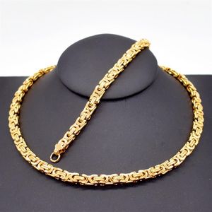 6MM width Mens Gold Color Chain Stainless Steel Necklace Bracelet set Flat Byzantine fashion jewelry233L