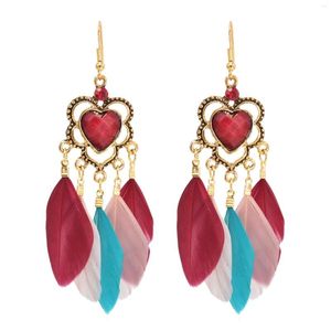 Dangle Earrings Boho Heart Acrylic Gem Long Feather Drop For Women Retro Ethnic Tribal Hippie Bride Wedding Jewelry Accessories