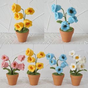 Flores decorativas feitas à mão flor de malha bonsai crochê girassol vaso planta mão tecido ornamento de mesa potes
