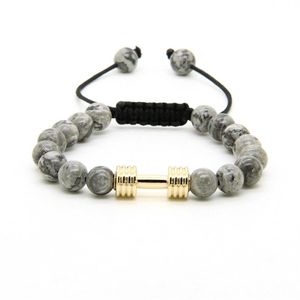 Sport Energy Bracelets Whatle 8 mm szara jasper kamienne koraliki z nowymi grilowymi fitness hantle Bracelets dla men269J