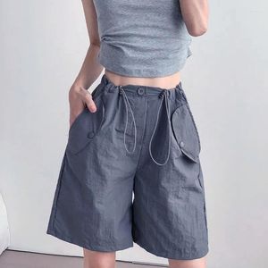 Frauen Shorts Sommer Dünne Lounge Mit Taschen Weibliche Vintage Hohe Taille Kordelzug Breite Bein Frauen Casual Lose Knie-Länge hosen