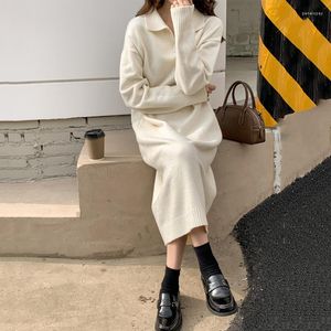 Casual Dresses Polo Collar Bottoming Skirt Autumn And Winter Match With Coat Long Below The Knee Idle Style Loose Thick Sweater Knitted
