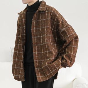 Men's Jackets Plaid Jacket Autumn Winter Woolen Loose Retro Simple Long Sleeves Turndown Collar Single-breasted Coat Tops