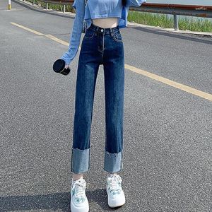 Jeans da donna Gamba dritta con risvolto blu per le donne 2023 Pantaloni a pipa corta a vita alta attillati slim tagliati Trend