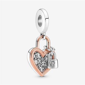 100% 925 STERLING Gümüş Kalp Asma Kilit Çifte Dangle Takılar Orijinal Avrupa Cazibesi Bilezik Moda Düğün Nişanı Jewelr278r