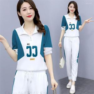 Kvinnors tvåbitar byxor Set Woman 2 Pieces 2023 Sportswear Summer Fashion Korean Loose Casual Student Letter Printing Short Sleeve Sport