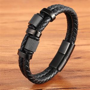Moda masculina pulseiras de malha multi-camada trançado 316l aço inoxidável diy frisado cordão de couro preto pulseira hip hop bangle Jewel251N