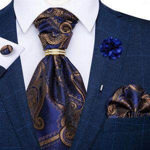 Bow Ties Fashion Men's Ascot Tie Silk Vintage Navy Blue Paisley Woven Cravat Ring 5PCS Set For Wedding Man Scarves Gifts Accessories