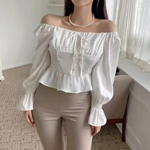 Women's Blouses Fashion Korean Style Ruffled Silk Off Shoulder Bandage Long Sleeved Shirt Autumn Elegant Sexy Short Top 28888