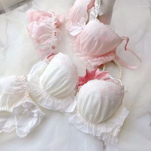 Bras setleri Japon kawaii lolita bra ve külot seti beyaz iç çamaşırı sevimli seksi dantel yumuşak artı beden fincan 32 34 36 38 40 a b c d e bh