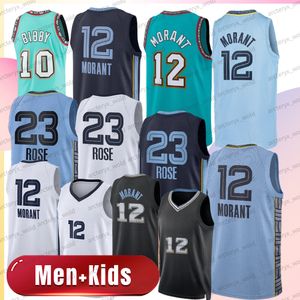 Män barn ja morant basket tröja 23 Derrick Rose Mike Bibby Green Blue White Morant 12 Stitched Shirts Boys Retro Bibby Jerseys