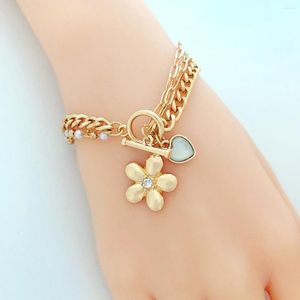 Link Armbänder Armband Damen Mode 3 Schichten Blume Pfirsich Herz Imitation Perle Schmuck Vergoldet Zubehör Für Mädchen