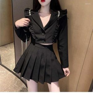 Sukienki robocze mini szare plisowana spódnica Faldas 2 -częściowe zestawy kobiety Crop Black Blazers Suit Cargo Casual Kurtka 2023