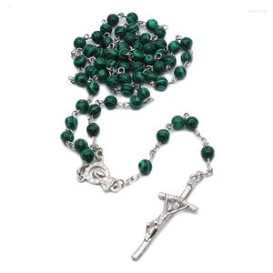 Pendant Necklaces Malachite Cross Rosary Beads Chain Necklace Christian Religion Men Women Jewelry Charm Gift