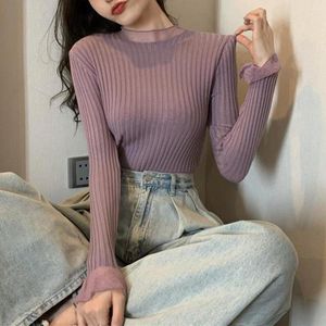 Kvinnors tröjor Kvinnor Tees Half High Neck Knit Sweater Solid Cute Casual T Shirt Size S-XL Långärmad flare Fashion-stilkläder