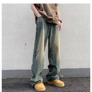 Jeans masculinos americanos retro primavera e outono lavado velho solto reto calças de arrasto high street temperamento de pernas largas