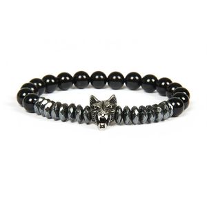 New Men Silver Bracelet Bangles Whole 10pcs lot Stainless Steel Wolf Bracelets With 8mm Stone Beads Beaded Jewelry For Gift278y