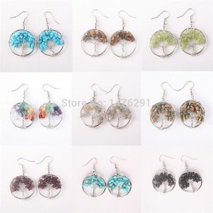 Tree of Life Wire Wrapped Tumbled Stone Pärlor Rund Dingle Drop Hook Earrings 1Pair1339C