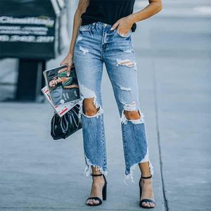 Jeans da donna denim effetto invecchiato per donna primavera streetwear vita alta pantaloni casual strappati alla caviglia moda femminile