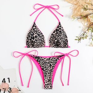 Women's Swimwear PAATHDE 2023 Summer Fashion Multi-Color Leopard Print Split Swimsuit Lace-up Backless Halter Tight Casual Two-Piece Suit